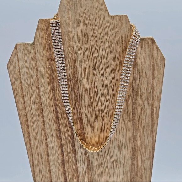 NWOT Gold Rhinestone Choker Necklace, 4 Rows & Tennis Bracelet Adjustable12-17” - Picture 1 of 7